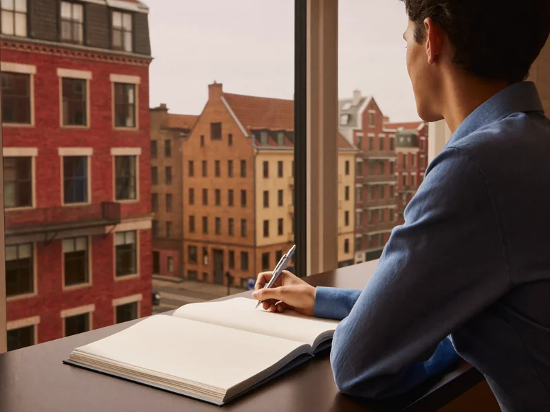 Illustration af en kursist, der skriver i en notesbog ved et vindue mod en københavnsk gade